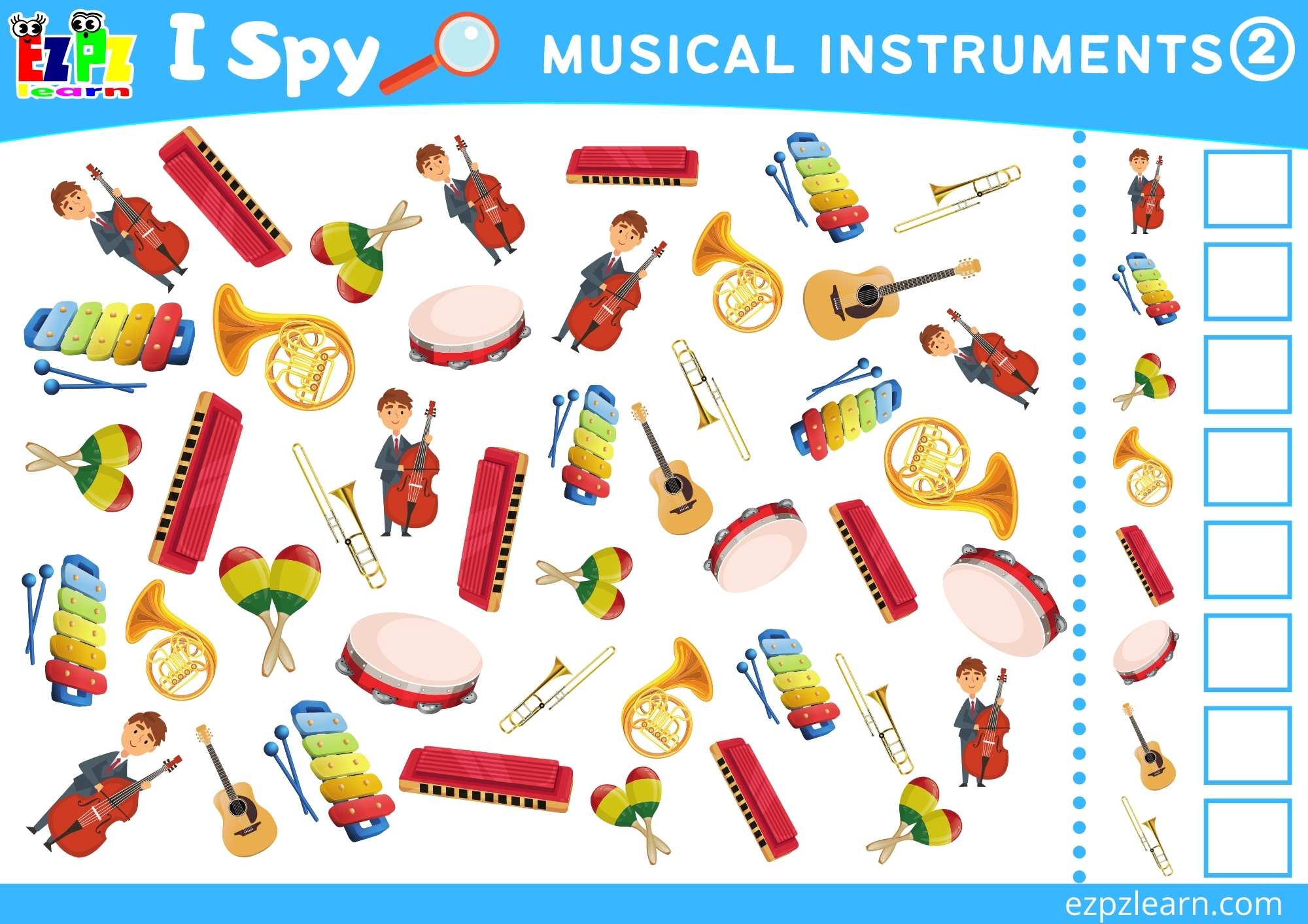 Musical Instruments 2 Topic I Spy Game for kids Free PDF Download